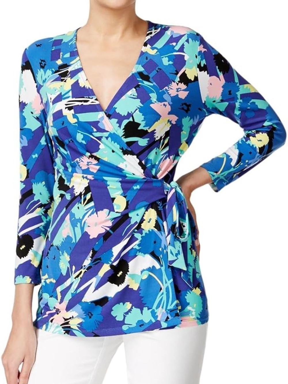 Anne Klein Blue Floral Twist Front Top